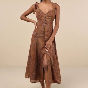LULUS Charismatic Persona Brown Floral Tie-Strap Midi Dress size XS